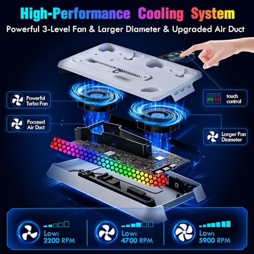 Image of Cooling Station for PS5 Slim Pro,Vertical Stand with Adjustable Fan Charger | Gift for PS5 Long Gaming,3 Level Quiet Fan,Two Controller Charging,10 Colors Dynamic Mode,Headset Hook,USB Hub,Anti-Slip Base