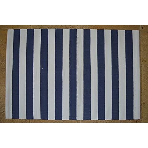 Quayside Home Floor Rug, 100% Cotton Lymington Stripe Flat Weave Indigo Blue/White 60x90cm 2x3 Cover