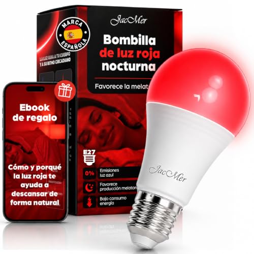 Luz Roja Nocturna Melatonina |Bombilla LED Roja E27 7W |0% Luz Azul |Sin Flicker |Respeta el Ritmo Circadiano |Bombilla Roja para Dormir Antes+ EBOOK Regalo |Ideal Dormitorio Pasillo Bebé (1, E27)