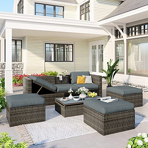 Godafa 5-Piece Outdoor Patio Furniture Set, Pe Rattan Conversation Sectional Sofa With Adustable Backrest, Cushions, Ottomans And Lift Top Coffee Table For Backyard Porch Poolside, Gray #TOP1