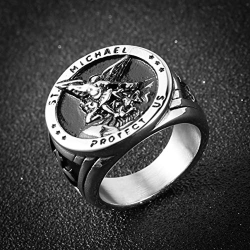 Image of HZMAN St. Michael San Miguel The Great Protector Archangel Defeating Satan Figurine Stainless Steel Amulet Ring