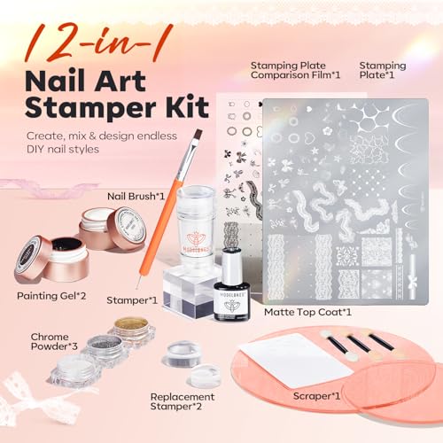 Image of Modelones 16PCS Lace Nail Stamping Kit, French Tip Stamper White Black Painting Gel Polish Chrome Powder Proof Matte Gel Top Coat Gingham Template Dual Nail Art Brush Spring Manicure Gift for Women