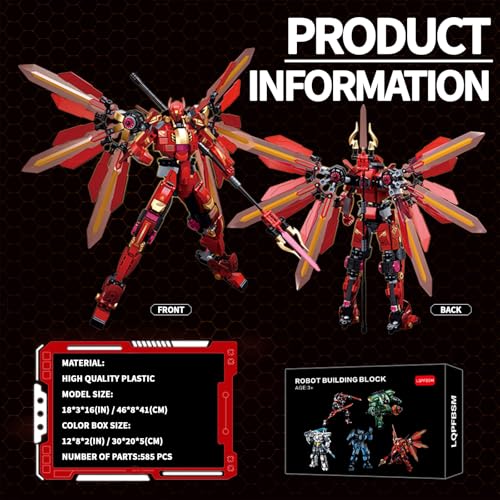 Image of Red Mecha Building Set 511 Pieces Winged Robot Action Figure with Halberd Weapon Fully Articulated Warrior Construction Toy, Collectible Anime Model Kit Gift for Adults Teens