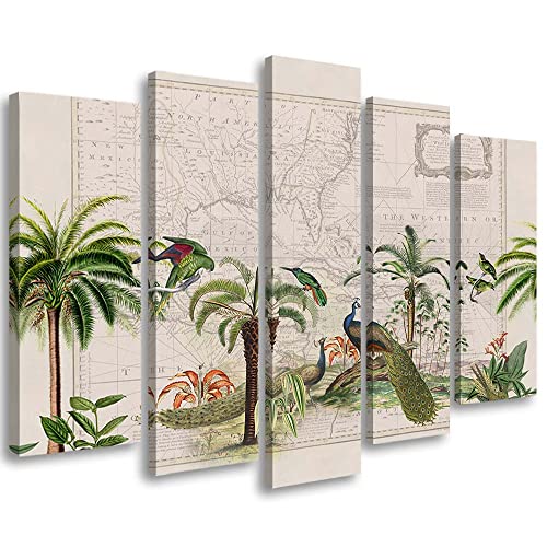Carowall Impresión en Lienzo 150x100 cm Pavo Abstracción Exotismo 5 partes Arte decorativo Impresión Artística Dormitorio Palmeras Mapa antiguo Aves Verde Cover