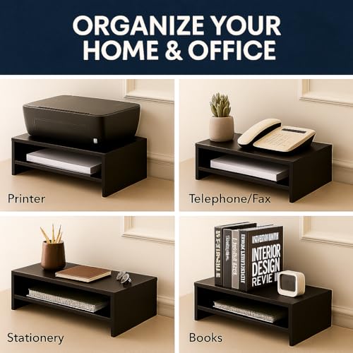Image of Wooden Monitor Stand with Storage Organizer For Desk, Tables, Office, Home, Studio, Study Table | Desktop Ergonomic Monitor Stand Riser (Black, Large)