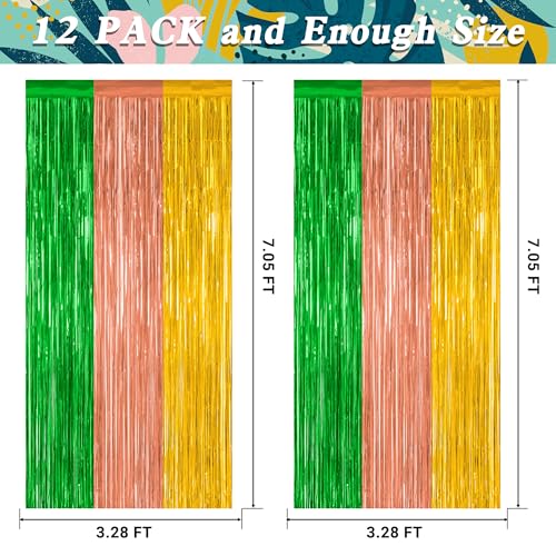 Image of ZATAYE 12 Pack Green Brown Yellow Hawaiian Luau Foil Curtain Decorations | Green Brown Yellow, Metallic Foil, 3.28 x 7.05 FT, Tinsel Backdrop, Foil Curtain Streamer, Luau Party