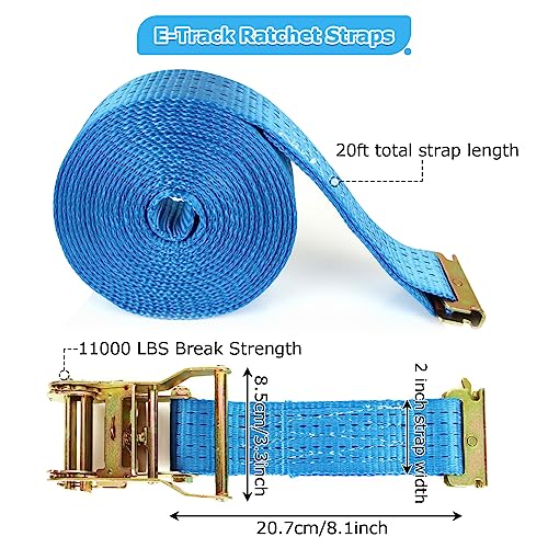 2 Pack Heavy Duty Ratchet E Track Straps - 20ft, 11000 LBS Break Strength, Etrack Tie Down Straps for Trailer, Trucks