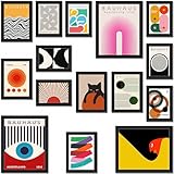 LANCHI95 15 PCS Boho Wall Decor– Mid Century Modern Wall Art Boho Posters, Posters For Room Aesthetic, Bauhaus Wall Art Abstract Posters, Collage Kit Pictures (FRAMED)