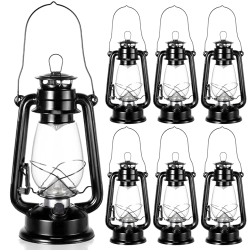 Hortsun 6 Pcs 12 Inch Vintage LED Hurricane Lantern Metal Black Outdoor Battery Operated Hanging Lantern with Warm LEDs and Dimmer Switch for Indoor Rustic Farmhouse Country Camping Decor