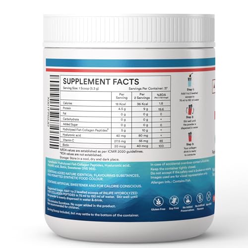 Image of INLIFE Japanese Marine Collagen Supplements for Women & Men | Clinically Proven Ingredient with Biotin, Hyaluronic Acid, Vitamin C & Glucosamine (200g, Strawberry)