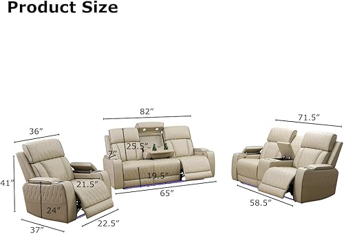 Miniatura 2 de Juego de sofá reclinable eléctrico con mesa desplegable, sofá seccional reclinable de cuero de 3 piezas, sillones seccionales, juegos de muebles de