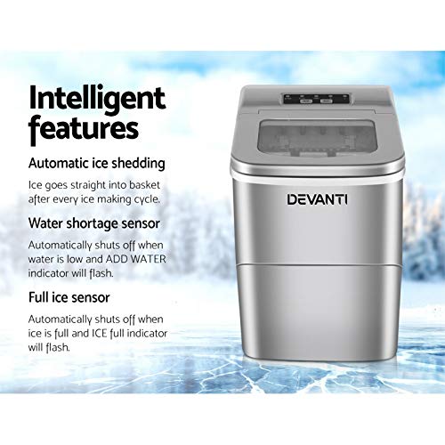 Devanti Ice Maker Machine, 2L 12KG Stainless Steel Portable Countertop Icemaker Cube Makers
