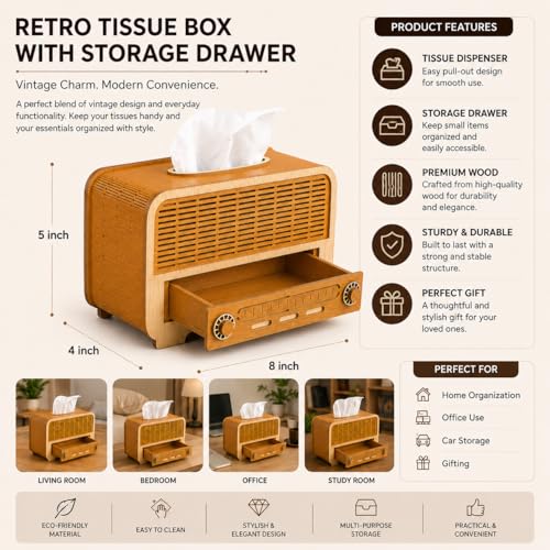 Image of Retro Wooden Tissue Box with Storage Drawer | Vintage Tissue Paper Holder for Home, Office & Car | Multipurpose Decorative Organizer Box