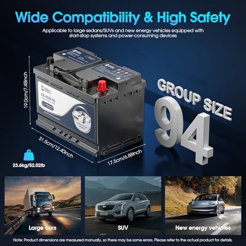 Image of EBL BCI Group 94R Car Battery,12V 80Ah Size H7 Performance Series AGM Battery - High Power 850CCA 140RC, Maintenance-Free & Leakproof Design