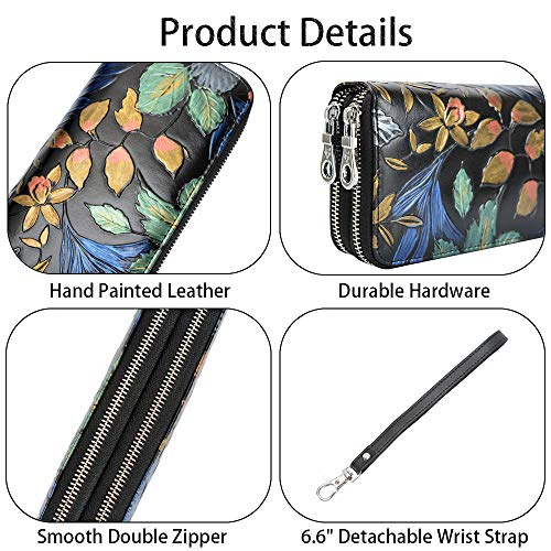 Women's Wallet RFID Blocking Leather Double Zipper Cellphone Wallet Long Purse with Removable Wrist Strap3