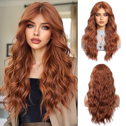OUFEI Auburn peluca larga y ondulada para las mujeres con la cortina de flequillo rizado natural de pelo sintético resistente al calor pelucas para la fiesta diaria Cosplay Wear