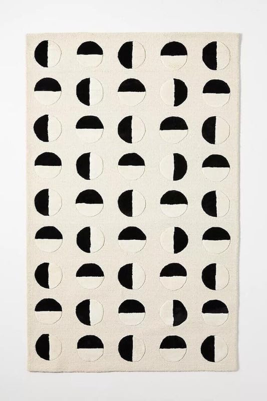 Modern Abstract Geometric Circle Area Rug 9x12 ft | Hand Tufted Black & White Contemporary Carpet