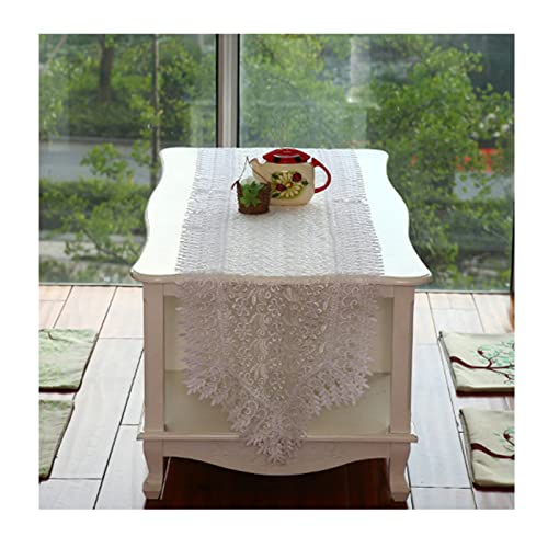 Chemin de table anti-pli blanc en dentelle polyester lavable 180cm