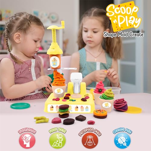 Image of Chanak Toys Play Dough Ice Cream Maker Set, Safe Non-Toxic Dough Ice Cream Maker Including 6 Color Dough Tubes Each 50g + 1(100gm) for Boys Girls, Above 3+ Age (White)