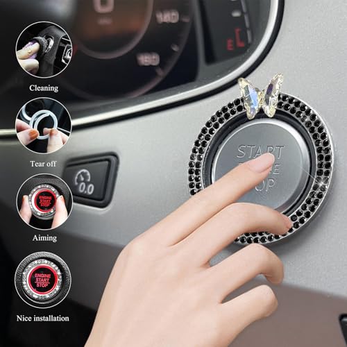 Image of DXNQ Bling Ring Emblem, Sparkling Butterfly Car Buttons and Knobs Ring, Girly Butterfly Diamond Car Engine Start Button Cover, Key Ignition Knob Rings Decoration for Women (Black, Double Row)