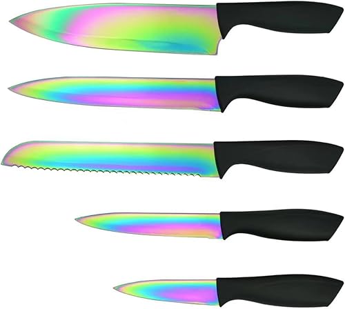 Juego de cuchillos de acero inoxidable juego de 5 cuchillos de cocina con hoja de revestimiento de titanio arcoíris juego de cuchillos