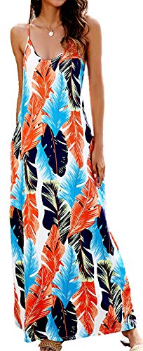 Image of Supnier Women's Summer Maxi Dress Casual V-Neck Sleeveless Bohemian Spaghetti Strap Floral Long Maxi Dress with Pockets