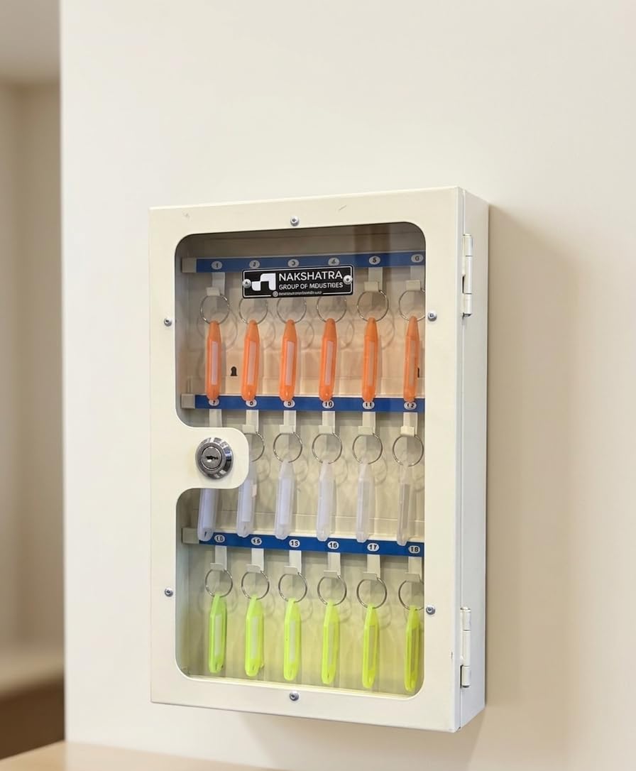 StayHappy Transparent Metal Key Storage Box | 18 Keys Cabinet with Holders and Lock | Ideal for Home | Hotels | Companies | Offices (White, Free 18 Keychains)-picture-19