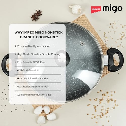 Impex Nonstick Aluminium Kadai Pan with Glass Lid Non Stick Cookware with Induction Base and Heatproof Handles | PFOA Free | Heat Resistant... - Image 7