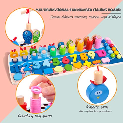 Rolimate Wooden Number Puzzle Sorting Stacking Toys, Shape Sorter Counting Game for 3 4 5+ Years Old Boys and Grils, Magnetic Fishing Game Learning Montessori Toys - Thumbnail 7
