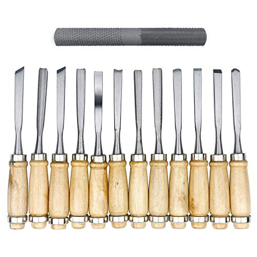 Ellbest 12 Pcs Wood Carving Chisel Set with File and Leather Case, Multi-Shape Woodworking DIY Tools for Beginners, Hobbyists and Professionals