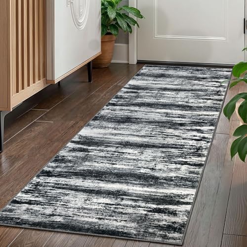 KOZYFLY Modern Abstract Kitchen Runner Rug, 2x5 Washable Rug Runner Non-Slip Soft Striped Hallway Runner Rugs, Black Navy Blue Grey Carpet Runner for Entryway Bathroom Laundry Room Foyer