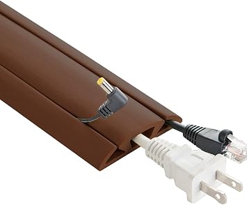 UT Wire 3Channel Floor Cord Protector with TopLoading Access Flexible, StayFlat Rubber Cable Concealer for Home & Office CuttoLength, Premium Adhesive Included - 5 ft in Brown