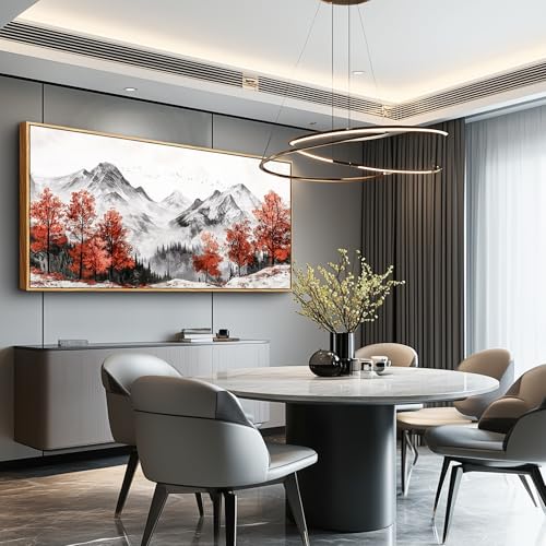 PHAOHUAXM Large Canva Wall Decor For Living Room Wood Framed Wall Art For Bedroom Office Murals Red Tree Ink-Wash Mountain Landscape Painting Pictures Modern Restaurant Room Home Decoration 30"X60"