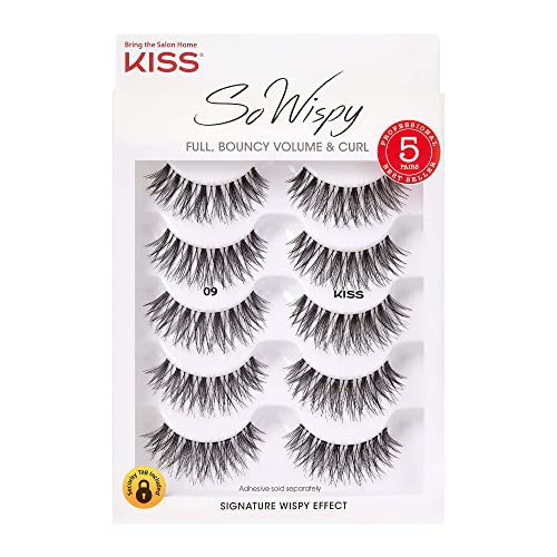 KISS So Wispy Fake Eyelashes Multipack 09, Easy-To-Apply Lightweight Eyelashes, 100% Cruelty-Free Natural Human Hair, Reusable and Contact Lens Friendly, 5 Pairs Black