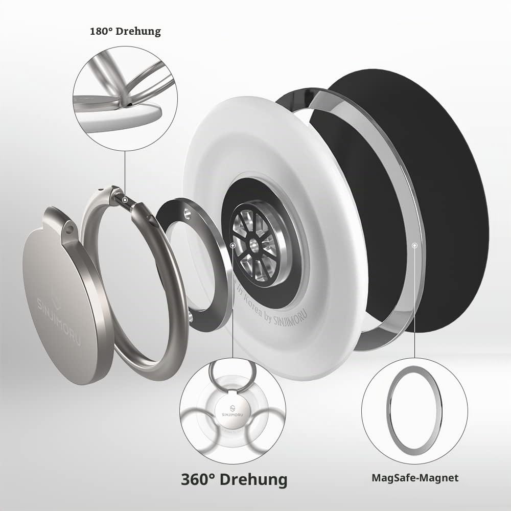 Sinjimoru Rutschfester Magnet Handy Ring Halterung für MagSafe, Abnehmbarer Handy Fingerhalter & Handy Ständer Phone Ring Holder für iPhone17 16 15 14 13 Reihe. M-Ringo Metallisches Schwarz