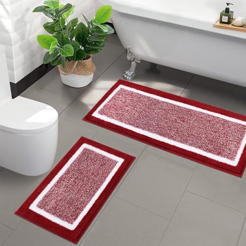 Pauwer Bathroom Rugs Sets 2 Piece, Non Slip Bath Mats, Absorbent Bath Rugs Floor Mat, Machine Washable Shower Rugs for Bathroom Floor, Tub and Shower, Red