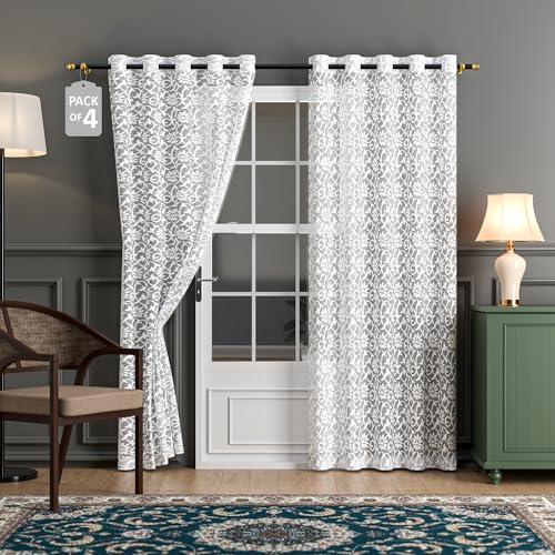 Image of Kuber Industries 4 Pcs Net Cotton 7 Feet Door Curtain Vine Designfor Home Decor | Semi Sheer Grommet Curtains for Living Room /Bedroom | RC317 - Delhi White