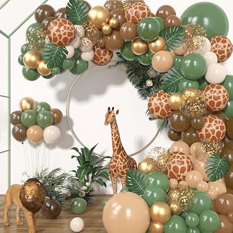 170Pcs Jungle Safari Balloons Garland Kit, Safari Baby Shower Decorations Sage Green Brown & Animal Print Balloons Palm Leaves for Woodland Themed Giraffe Wedding Two Wild One Birthday Party Supplies Cover