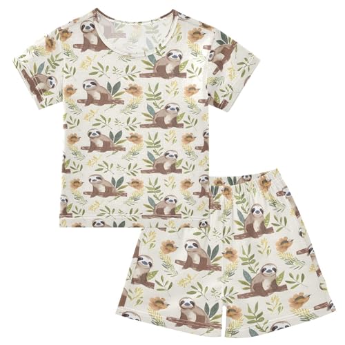 ALAZA Sloth Leaf Blossom Cartoon Pajamas Short Sleeve 2 Piece Sleepwear Top and Bottom Pajama Set Unisex