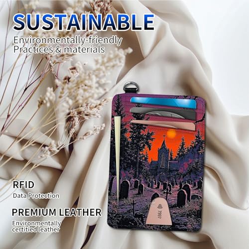 Sunset Skeleton Front Pocket Wallets for Men Women, PU Leather Slim Men's Wallets, Card Cases & Money Organizers RFID Blocking Wallet with Wrist Rope for Travel, Outdoors, Home, Shopping2