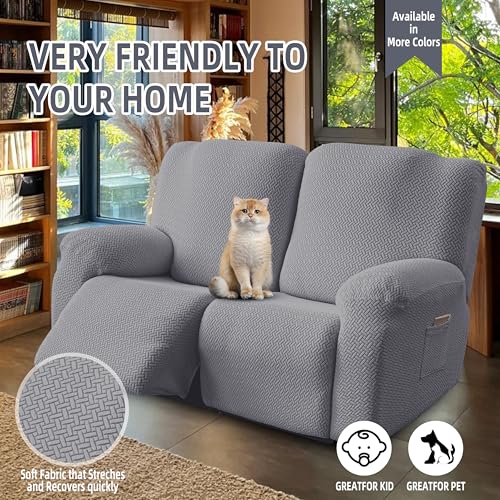 Image of Genina Recliner Loveseat Cover Stretch Couch Covers Sofa slipcover for 2 Seat Reclining Couch Thick Jacquard Furniture Protector (Light Grey)