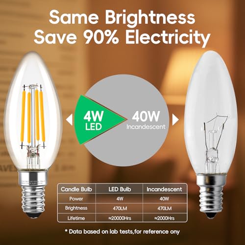 E14 LED Candle Light Bulbs Dimmable, 4W (Equivalent to 40W), Small Edison Screw (SES) 2700K Warm White Clear Filament - Pack of 6 - Image 4
