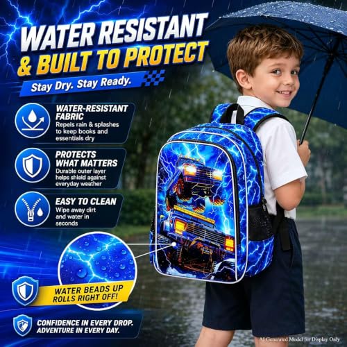 Image of 17 inch Truck Backpack, Boys Lightning Kids Bookbag with Lunch Box, 3Pcs School Backpacks for Elementary Preschool Kindergarten (Blue)