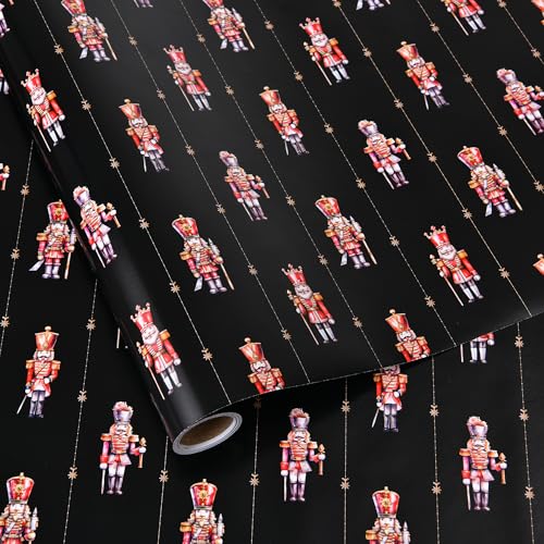 Titiweet Nutcracker Christmas Wrapping Paper 17 x 16.4 ft Elegant Black & Gold Holiday Gift Wrap for Gifts & Decor