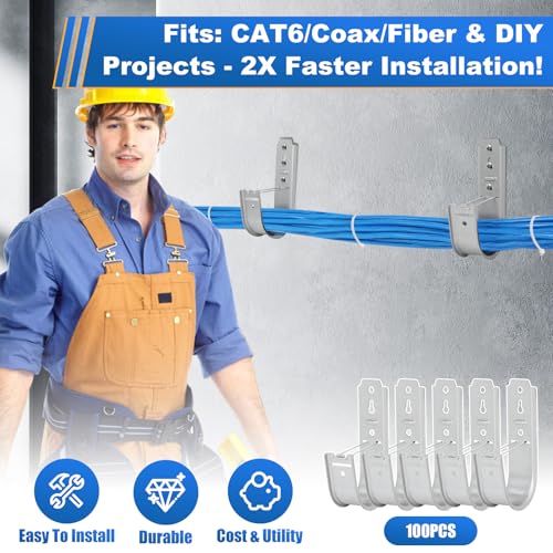 Image of 100 Pack 2 Inch J Hooks for Cabling, Galvanized Steel Cable Supports | Heavy Duty Wall /Ceiling Mount, Retainer Clips for Network Cable Management, CAT5e, CAT6, Coaxial, Fiber Optic and Conduit