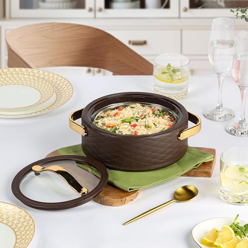 Image of CELLO Velvetto Deluxe 1500 Insulated Casserole Hot Box for Kitchen 1500 ml, Brown | Airtight See Through Lid Hot Pot Case Keeps Food Hot & Warm for Long Hours, Casserole Set for Roti, Rice & Biryani
