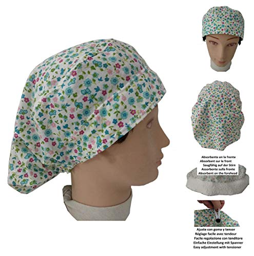 Gorros de quirófano FLORES pelo largo, cirujana, dentista, veterinaria, cocinera. Toalla en frente, ajustable fácil con tensor