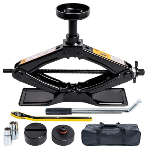 Image of Scissor Jack 1.8 Ton Kit for Tesla Model 3 Y | Detachable extension column. Extra wide base. 2 rubber pads for Tesla + universal. Ratchet wrench. Storage bag included.