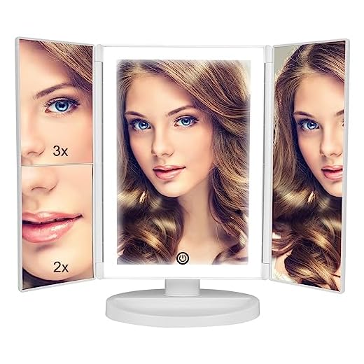 36 LED Nature Daylight Lighted Makeup Mirror,Tri-Fold Lighted Vanity Makeup Mirror with 3X/2X Magnification and Touch Screen Dimming Makeup Mirror, 180 Degree free Rotation, Countertop Cosmetic Mirror