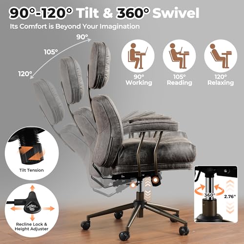 Image of ovios Ergonomic Office Chair, High Back Faux Leather Executive Chairs with Thick Cushion, Comfy Mid-Century Modern Swivel Rolling Computer Armchair (Dark Grey, Suede Leather)